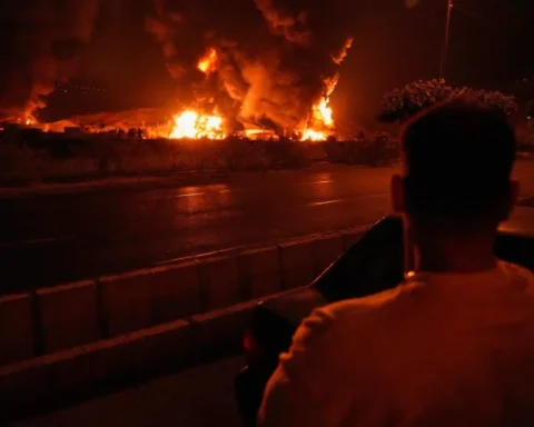 A man looks at flames rising from an oil storage facility after it appeared to have been struck by an Israeli attack, in Tehran, Iran, early Sunday, June 15, 2025