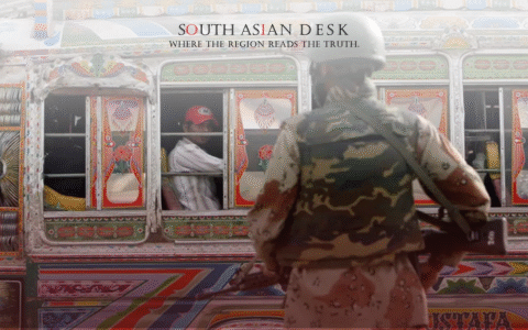 A soldier in camouflage and helmet stands guard in front of a brightly decorated bus with colorful patterns and designs, with a person visible inside.