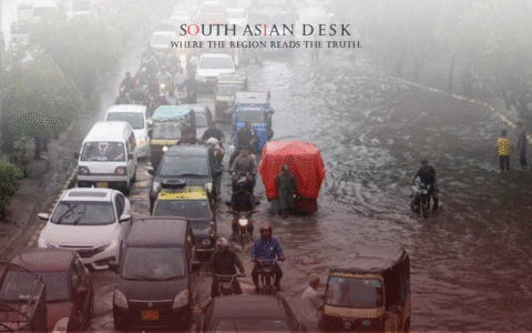 A busy urban street flooded with water, featuring a traffic jam with cars, motorcycles, and a rickshaw. People are navigating through the floodwaters, with trees lining the road and a bus visible in the background.