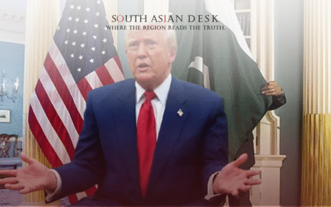 Donald Trump in a blue suit with a red tie gesturing with both hands, standing in front of the American and Pakistani flags in an ornate room with columns and chandeliers.