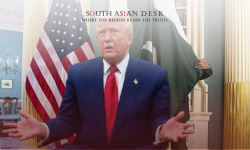 Donald Trump in a blue suit with a red tie gesturing with both hands, standing in front of the American and Pakistani flags in an ornate room with columns and chandeliers.