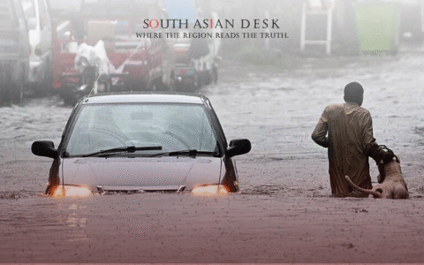 A car with its headlights on is partially submerged in floodwater on a street, while a person in a brown outfit stands in the water beside a dog, with other vehicles and a green bin visible in the background.