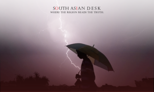 A silhouette of a person holding an umbrella under a dramatic sky with multiple lightning strikes.