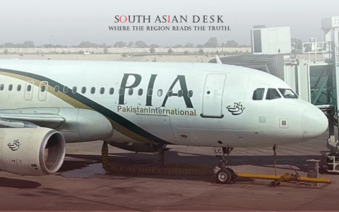 A Pakistan International Airlines (PIA) airplane parked at an airport gate, with the airline's logo and name visible on the fuselage, connected to a jet bridge.
