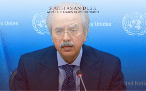 A man in a suit and tie speaking at a podium with a United Nations backdrop, featuring the UN logo and text in multiple languages.