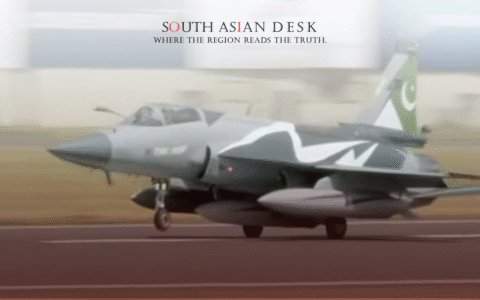 A Pakistani military jet taking off or landing on a runway, with a blurred background of billboards and a building.