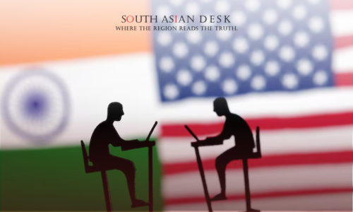 Silhouettes of two people working at desks, set against the background of the Indian and American flags.