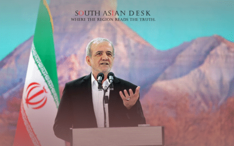 A man in a suit speaking at a podium with microphones, standing in front of an Iranian flag and a mountainous backdrop.