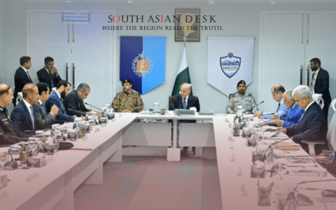 A formal meeting with several individuals seated around a U-shaped table, with flags and banners in the background.