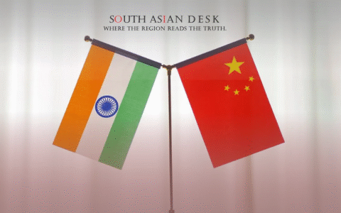 Two flags, China and India, displayed side by side on a single stand against a white curtain backdrop.