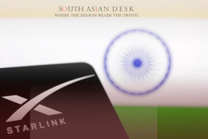 A Starlink device logo in the foreground with the Indian national flag featuring saffron, white, and green colors with a blue Ashoka Chakra in the background.