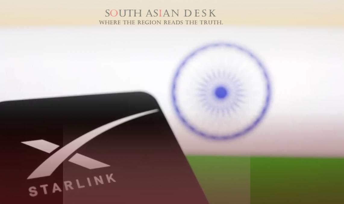 A Starlink device logo in the foreground with the Indian national flag featuring saffron, white, and green colors with a blue Ashoka Chakra in the background.
