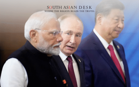 President Xi Jinping, Vladimir Putin, and Narendra Modi at the SCO summit in Tianjin, August 2025.