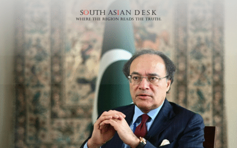 Image of Finance Minister Muhammad Aurangzeb speaking at a conference podium.