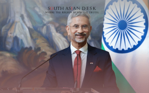 Indian Foreign Minister Jaishankar Standing and Smiling in Front of the Mic, Along with the Indian Flag in the Background, during India-Russia ties talks