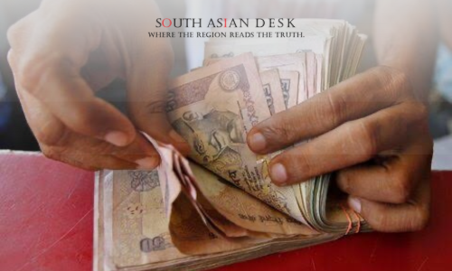 Indian rupee notes against a stock market chart, reflecting currency decline due to U.S. tariff threats.