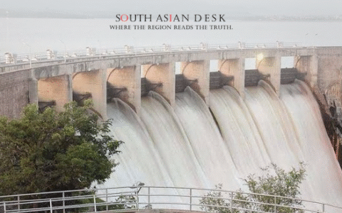Water surges through Rawal Dam’s spillways in Islamabad, opened to manage high water levels during the 2025 monsoon season.