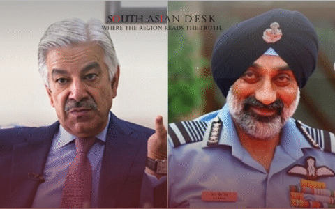 A picture of Indian Air Chief Claims about Pakistan and on the Right Khuwaja Asif Sitting on a Chair.