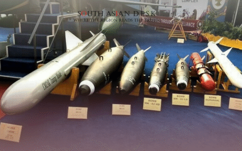 Display of various bombs and missiles on stands set against a backdrop of an aircraft and exhibition signage during Pakistan-UK defence Cooperation