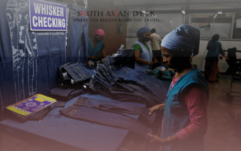 Workers in a factory inspecting and handling stacks depicting India US trade 2025