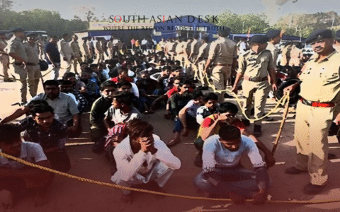 3 rows of Bengali speakers sitting and surrounded by Indian Police
