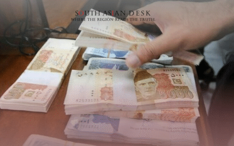 A male hand stacking Pakistani Currency Bundles collected from Graft scandal