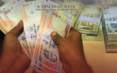 A male hand holding currency amid Indian rupee softens