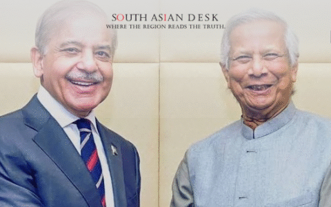 Two prime ministers, Yunus and Shehbaz, shaking hands over visa-free talks