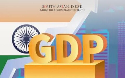 Illustration showing India targeted GDP growth with national flag and upward economic trend, highlighting South Asia’s financial performance.