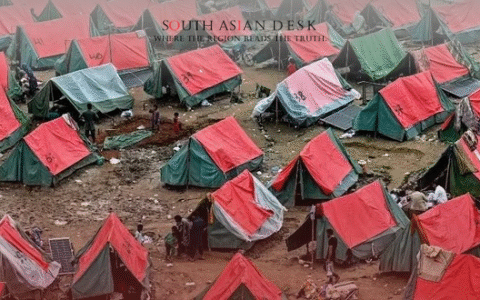 Displaced families in a relief camp near Lahore during the worst flood in Punjab, September 2025.