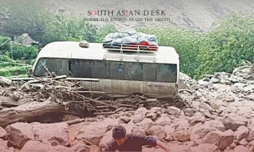 Diamer Disaster when Floodwaters surround damaged bus in Deral Valley, Diamer district, Gilgit-Baltistan, on September 4, 2025.