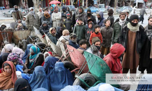 A long rows of people waiting can be seen in the picture, which depicts unemployment crisis in Afghanistan